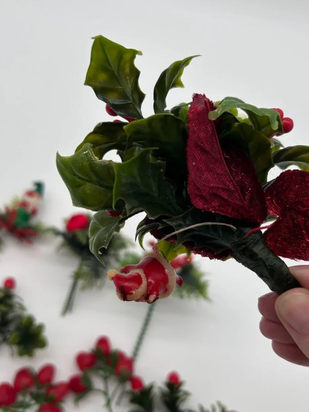 Vintage‎ Christmas Floral Pick Deer Santa Gnome Strawberry Fruit 11 Pc Lot